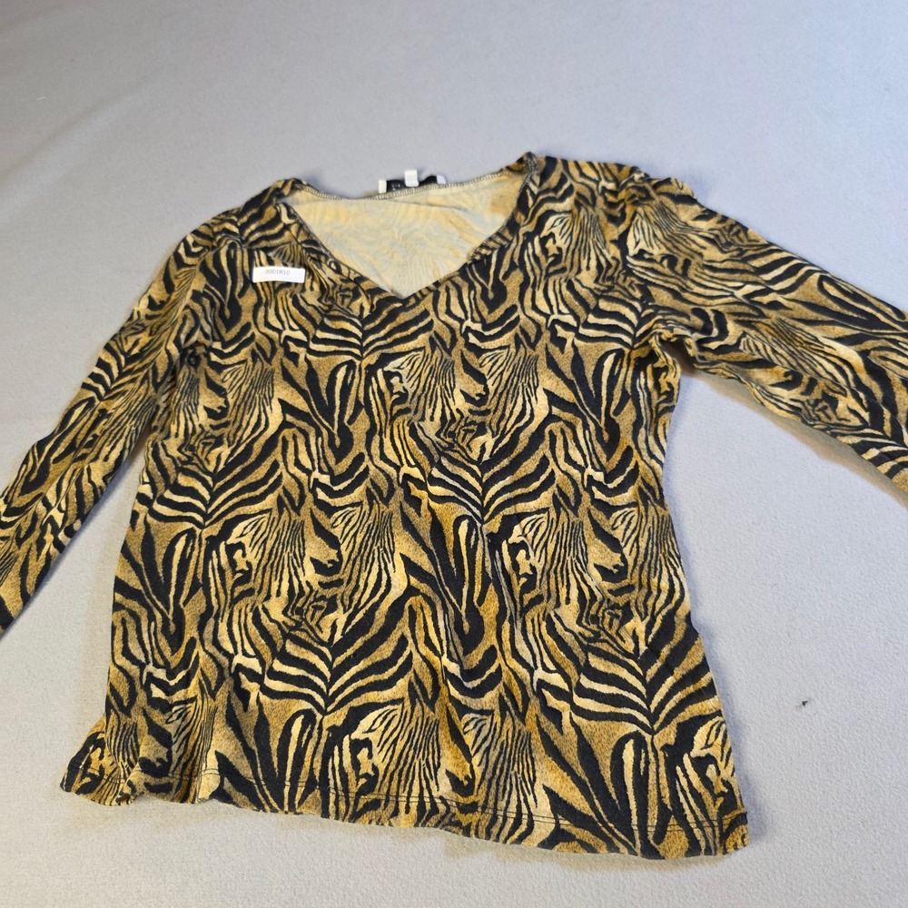 Jones New York Sport Zebra Print V-Neck Long Sleeve Cotton Top Tan Black Medium